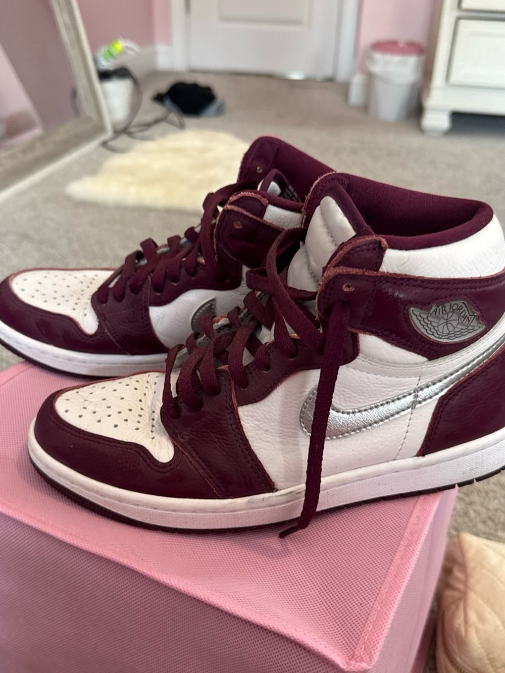 Nike Women’s High-Top Sneakers - White & Burgundy with Silver Swoosh